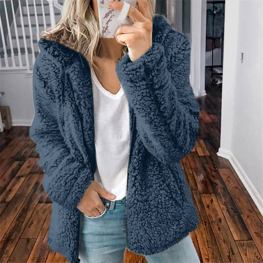 European and American women's hooded woolen autumn and winter top jacket