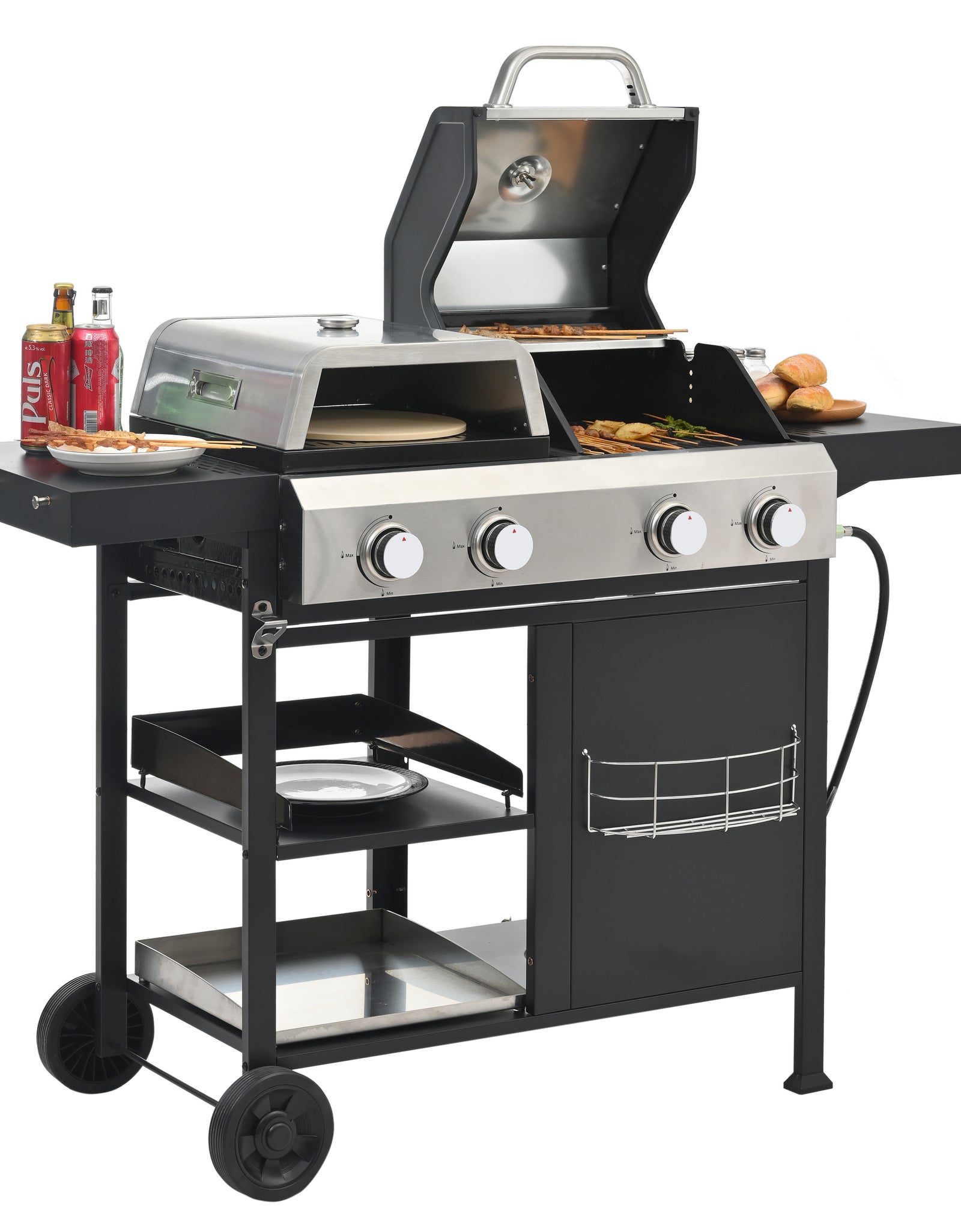 2+2 multifunctional gas barbecue grill and covered grill combination for outdoor cooking - barbecue, barbecue, pizza.