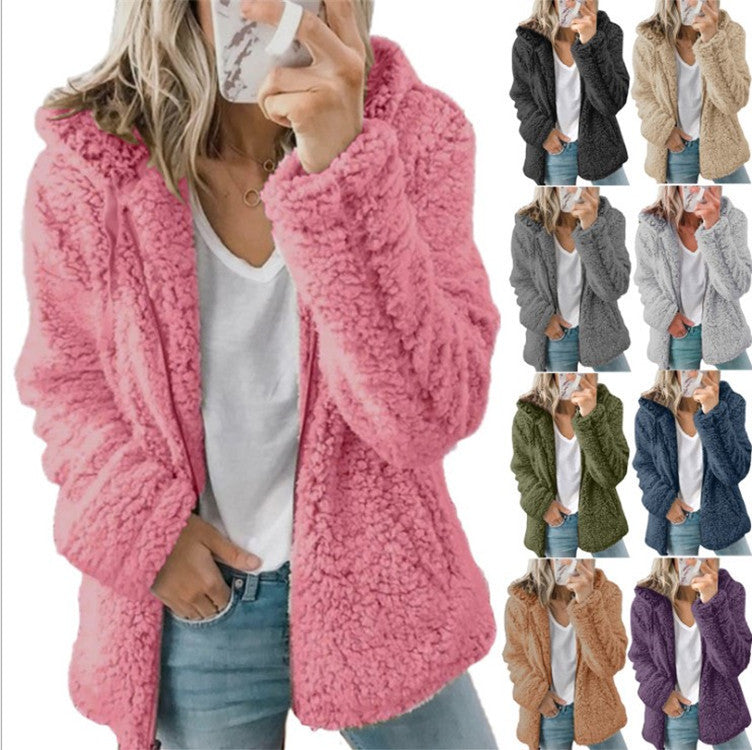 European and American women's hooded woolen autumn and winter top jacket