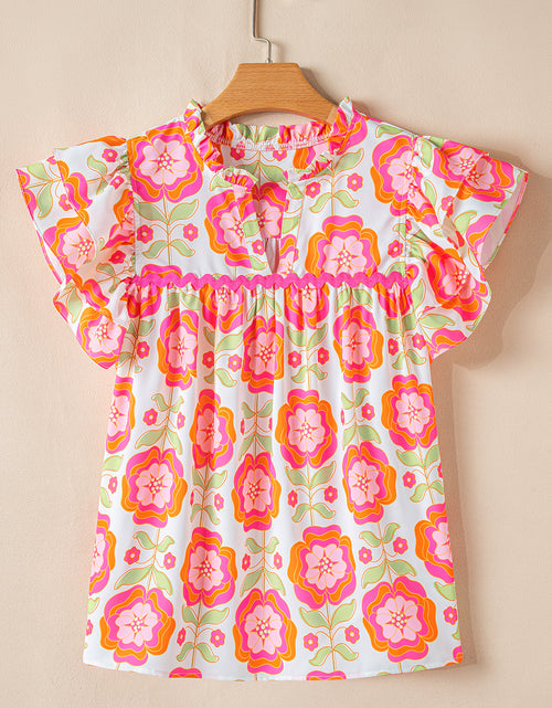 Load image into Gallery viewer, Rose Boho Floral Print Ricrac Ruffle Sleeve Blouse

