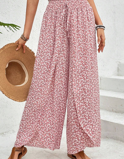 Load image into Gallery viewer, Pink Floral Shirred Side Slit Wide Leg Pants
