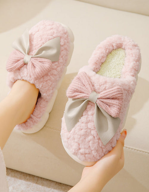 Bild in Galerie-Viewer laden, Pink Contrast Bowknot Applique Plush Winter Slippers
