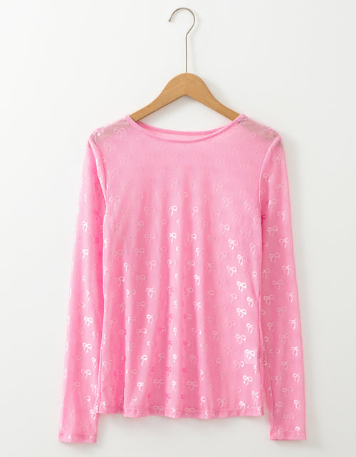 Load image into Gallery viewer, Pink Bow Pattern Long Sleeve Slim Fit Mesh Top
