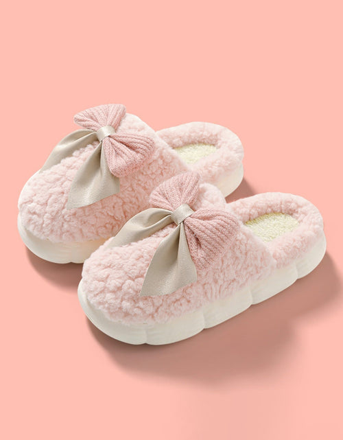 Bild in Galerie-Viewer laden, Pink Contrast Bowknot Applique Plush Winter Slippers
