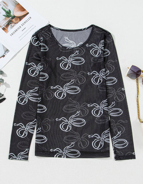 Load image into Gallery viewer, Black Bow Print Long Sleeve Mesh Top
