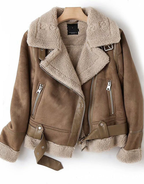 Cargar imagen en el visor de la galería, Chaqueta de solapa de invierno, abrigo cálido de lana de cordero y gamuza, ropa de moto, prendas de vestir exteriores para mujer
