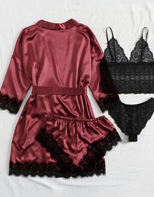 Load image into Gallery viewer, Sexy Lingerie,  Silk Satin Pajamas for Women, Womens Summer Pajamas Pjs Sets of 4 Pcs with Floral Lace Top Shorts and Robe, Gift for Women, Deep Green, M
