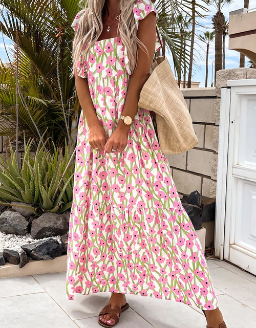 Load image into Gallery viewer, Pink Floral Print Square Neck Ruffled Strap Maxi Dress
