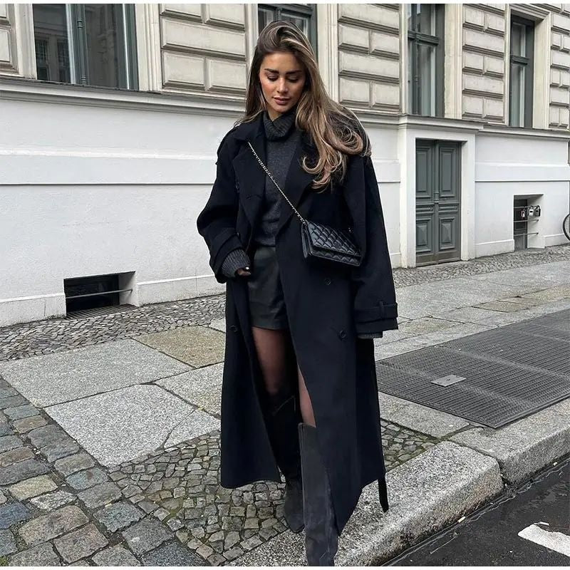 Abrigo grande de lana con cinturón de moda para mujer