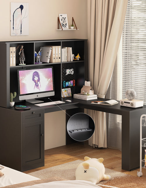 Load image into Gallery viewer, Writing desk with drawer bookshelf and charger, modern L-shaped desk with storage space, corner gaming computer desk
