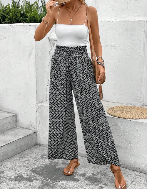 Load image into Gallery viewer, Pink Floral Shirred Side Slit Wide Leg Pants
