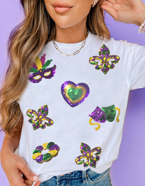 Load image into Gallery viewer, White Sequined Mardi Gras Symbolic Pattern Casual Tee
