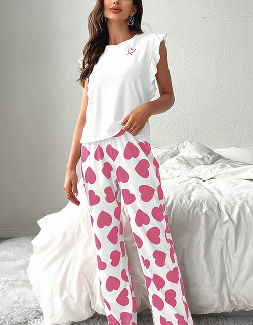 Load image into Gallery viewer, Pink Heart Print Ruffle Sleeveless Top and Pants Pajama Set

