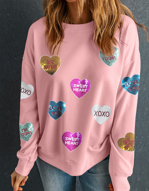 Load image into Gallery viewer, Pink Sequin Romantic Sweet Heart Graphic Valentines Sweatshirt

