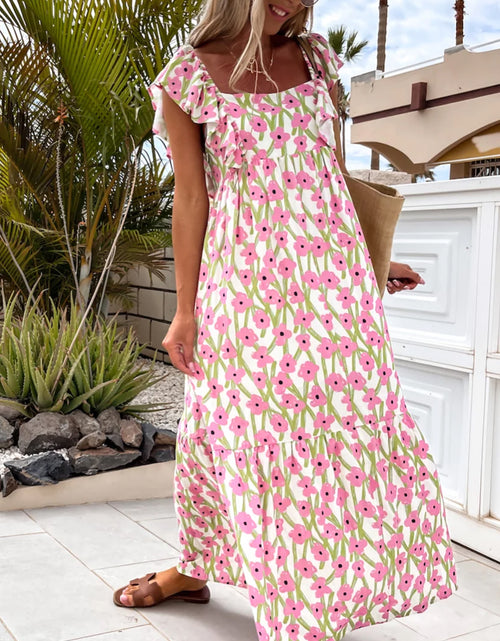 Load image into Gallery viewer, Pink Floral Print Square Neck Ruffled Strap Maxi Dress
