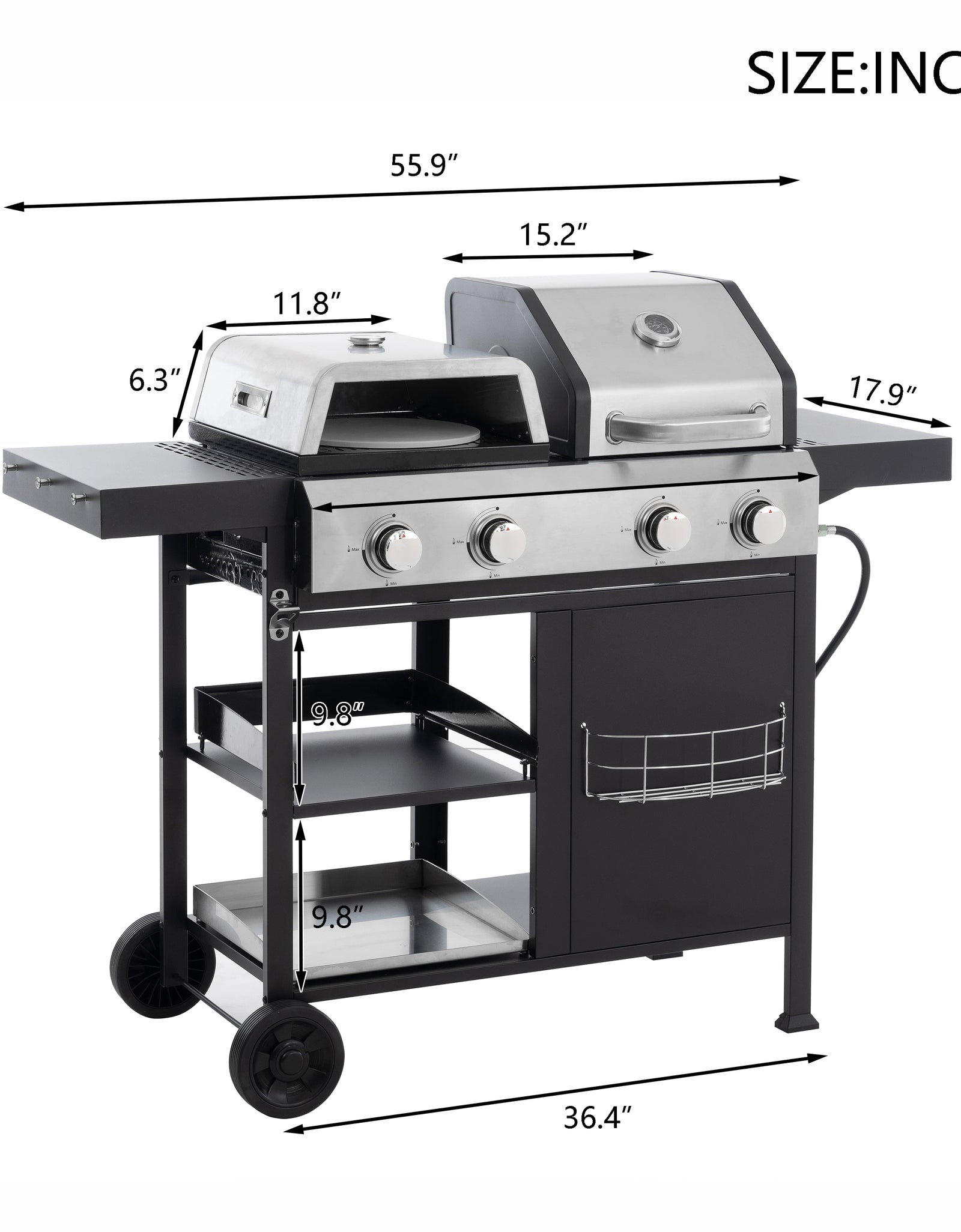 2+2 multifunctional gas barbecue grill and covered grill combination for outdoor cooking - barbecue, barbecue, pizza.