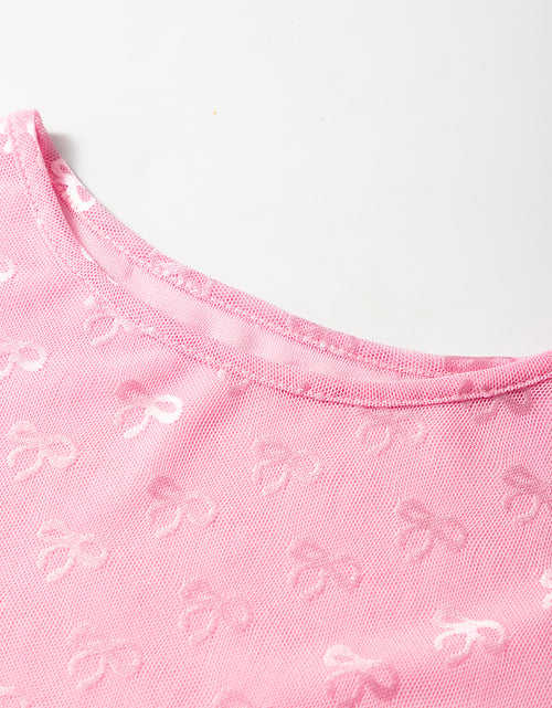 Load image into Gallery viewer, Pink Bow Pattern Long Sleeve Slim Fit Mesh Top
