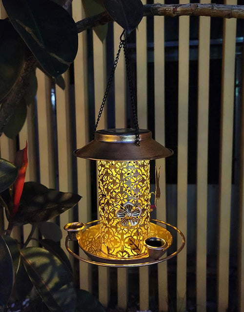 Load image into Gallery viewer, Outdoor solar powered lamp metal hanging bird feeder feeding and watering dual-purpose bird feeder decorative lamp
