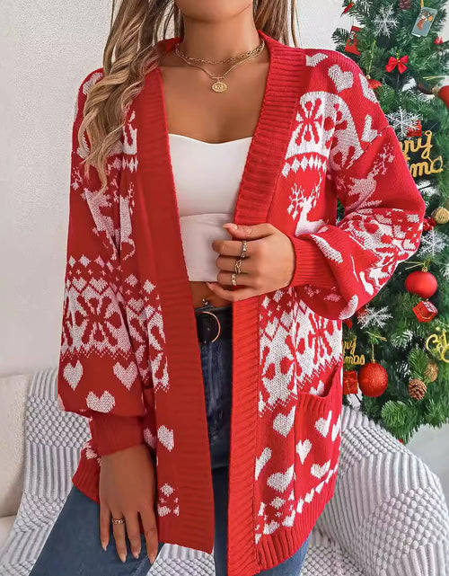 Load image into Gallery viewer, Christmas Clothes Women&#39;s Open Front Cardigan Knitwear Lantern Sleeve Xmas Printed Oversized Deer Sweater Pockets Knitted
