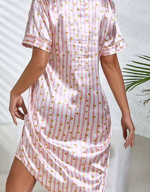 Bild in Galerie-Viewer laden, Pink Heart Print Striped Short Sleeve Button Up Pajama Dress

