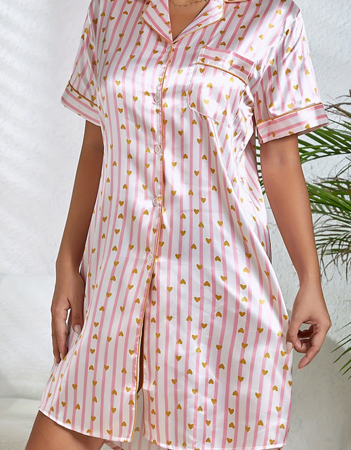 Bild in Galerie-Viewer laden, Pink Heart Print Striped Short Sleeve Button Up Pajama Dress
