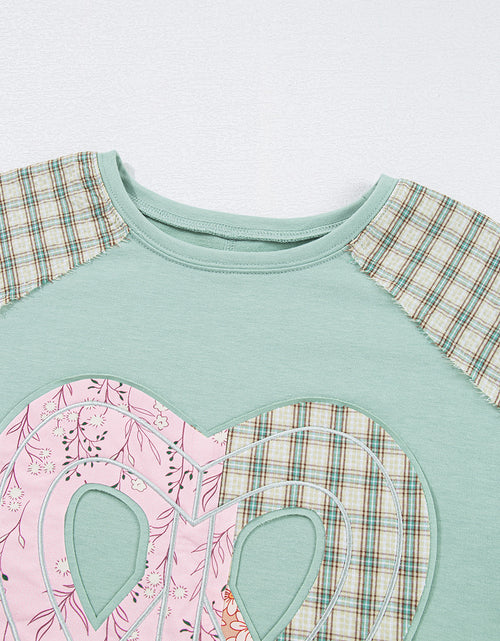 Load image into Gallery viewer, Beige Plaid Floral Patchwork Heart Long Sleeve Top
