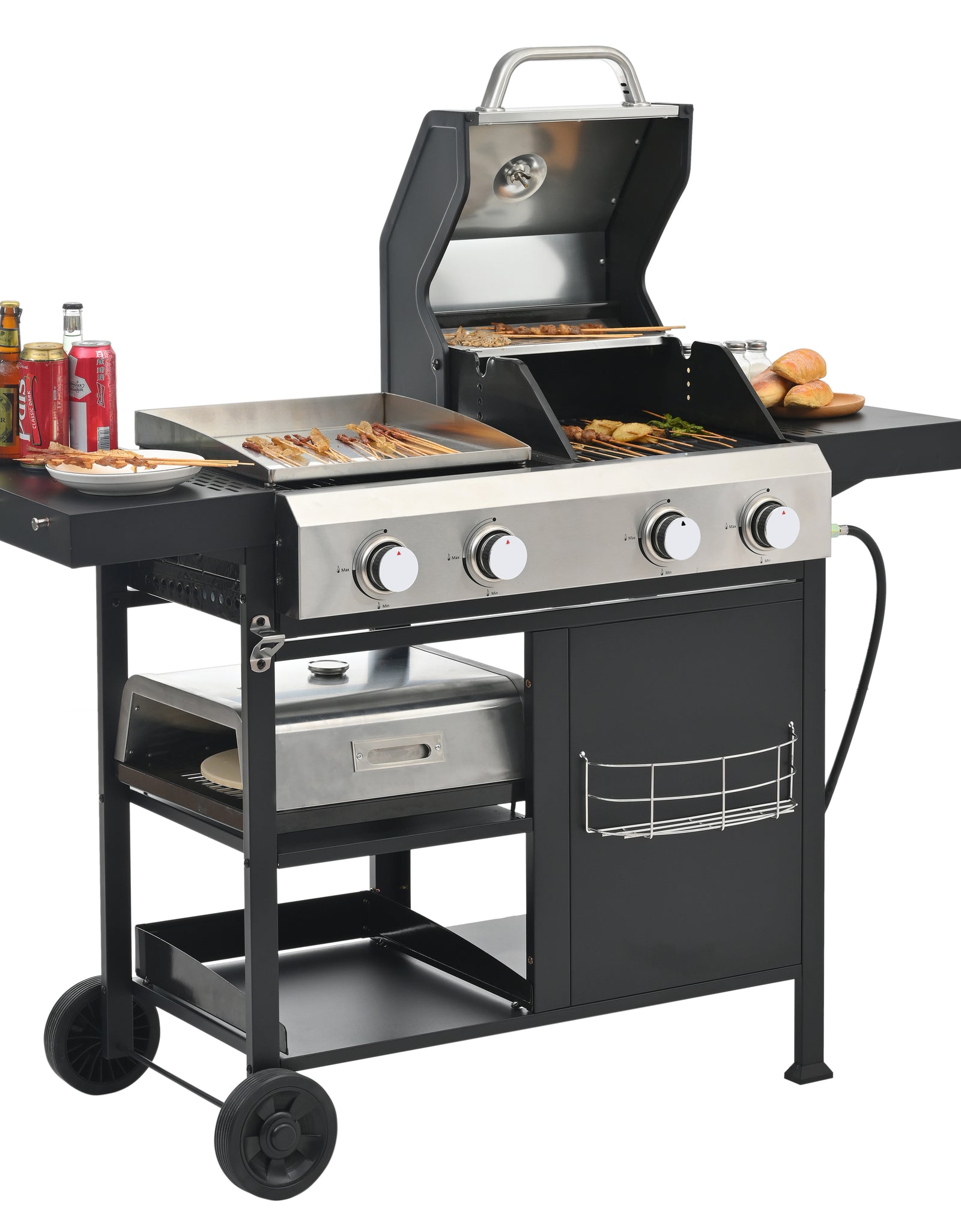 2+2 multifunctional gas barbecue grill and covered grill combination for outdoor cooking - barbecue, barbecue, pizza.
