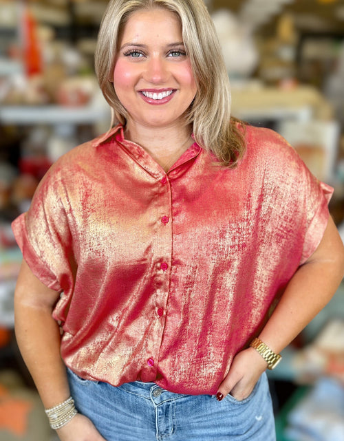 Bild in Galerie-Viewer laden, Rose Red Metallic Sheen Short Sleeve Plus Size Shirt
