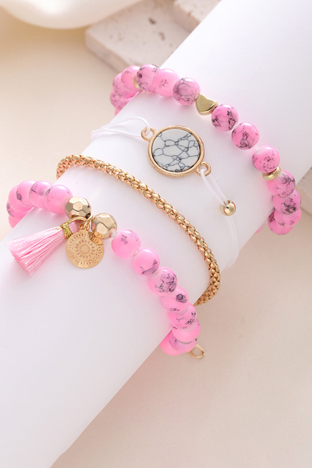 Pink Bohemian Heart Marble Bead Tassel Bracelet
