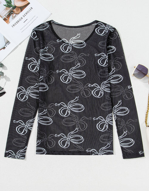 Load image into Gallery viewer, Black Bow Print Long Sleeve Mesh Top
