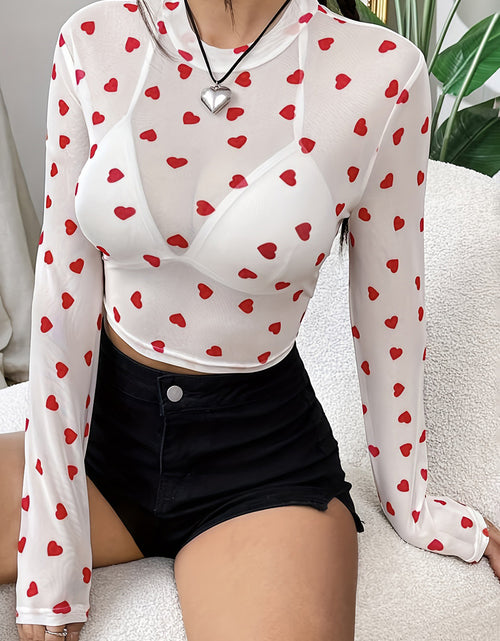 Cargar imagen en el visor de la galería, White Heart Print Mesh Long Sleeve Top
