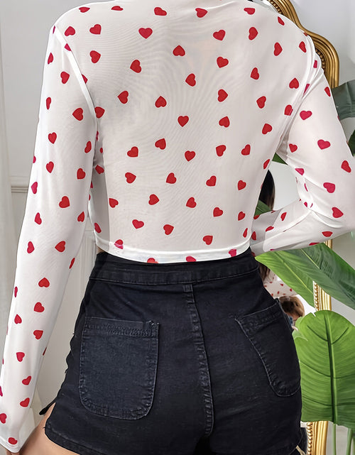 Cargar imagen en el visor de la galería, White Heart Print Mesh Long Sleeve Top

