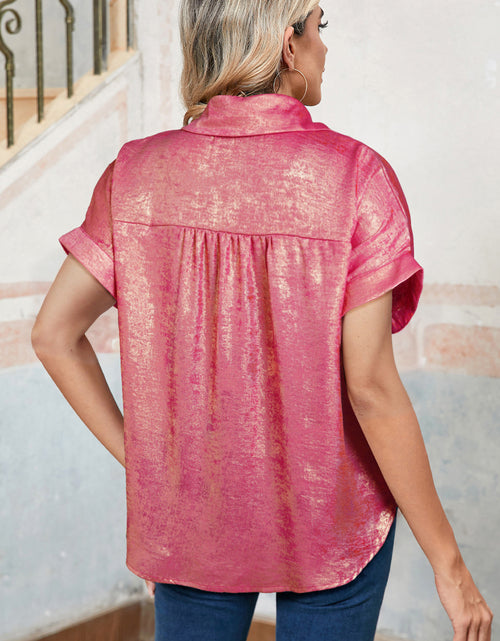 Bild in Galerie-Viewer laden, Rose Red Metallic Sheen Short Sleeve Buttoned Front Shirt
