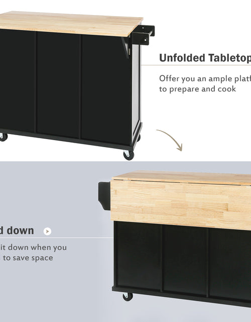 Load image into Gallery viewer, Kitchen trolley with rubber wood leaf countertop, 5-wheel kitchen island, storage cabinet and 3 dining drawers, black
