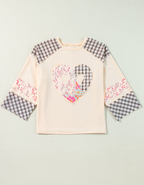 Load image into Gallery viewer, Beige Plaid Floral Patchwork Heart Long Sleeve Top
