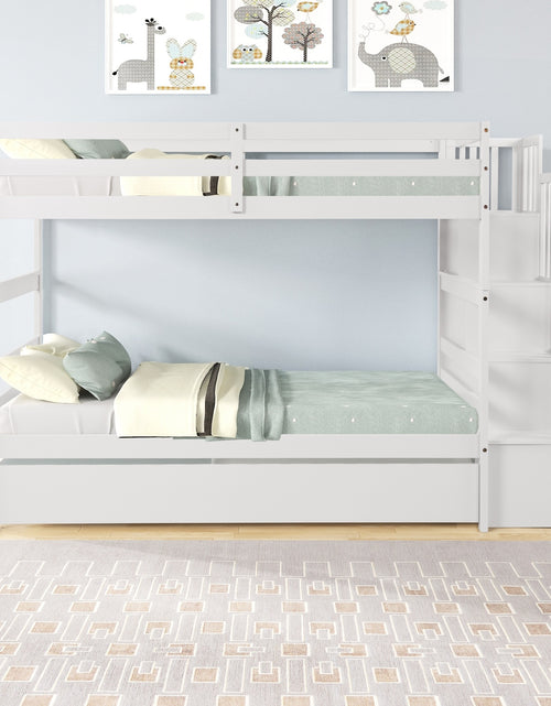 Load image into Gallery viewer, Twin Bunk Beds With Trundle &amp; Stairway Storage In White
