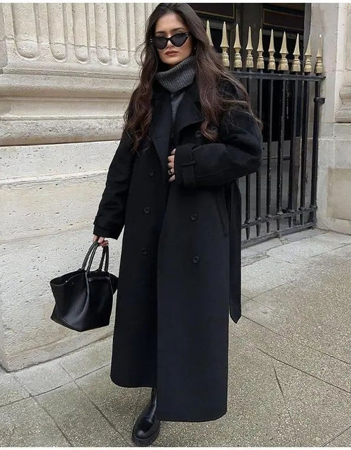 Cargar imagen en el visor de la galería, Abrigo grande de lana con cinturón de moda para mujer
