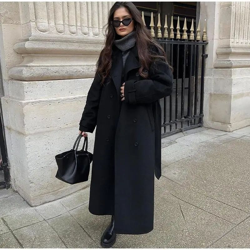 Abrigo grande de lana con cinturón de moda para mujer