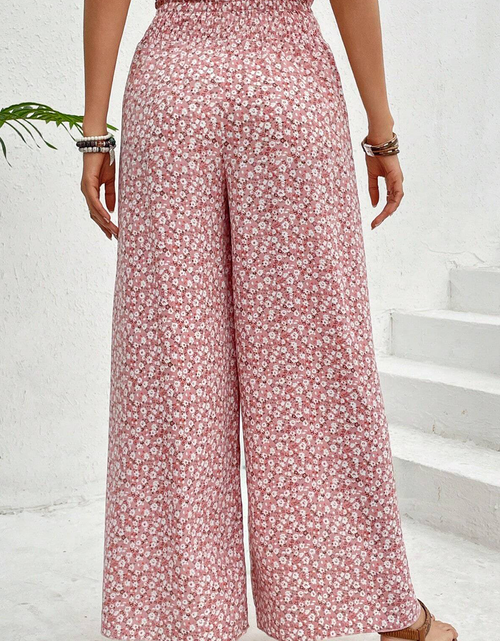 Load image into Gallery viewer, Pink Floral Shirred Side Slit Wide Leg Pants

