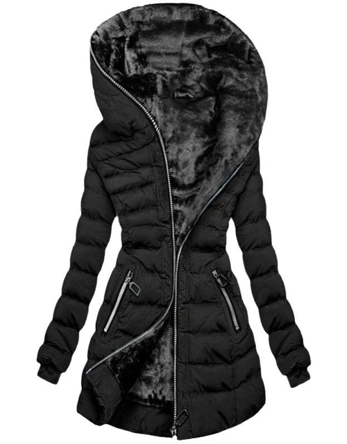 Load image into Gallery viewer, Women&#39;s cotton clothing hooded long sleeved warm and plush cotton clothing winter mid to long zipper jacket
