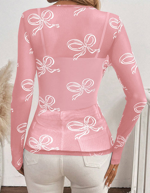 Load image into Gallery viewer, Black Bow Print Long Sleeve Mesh Top

