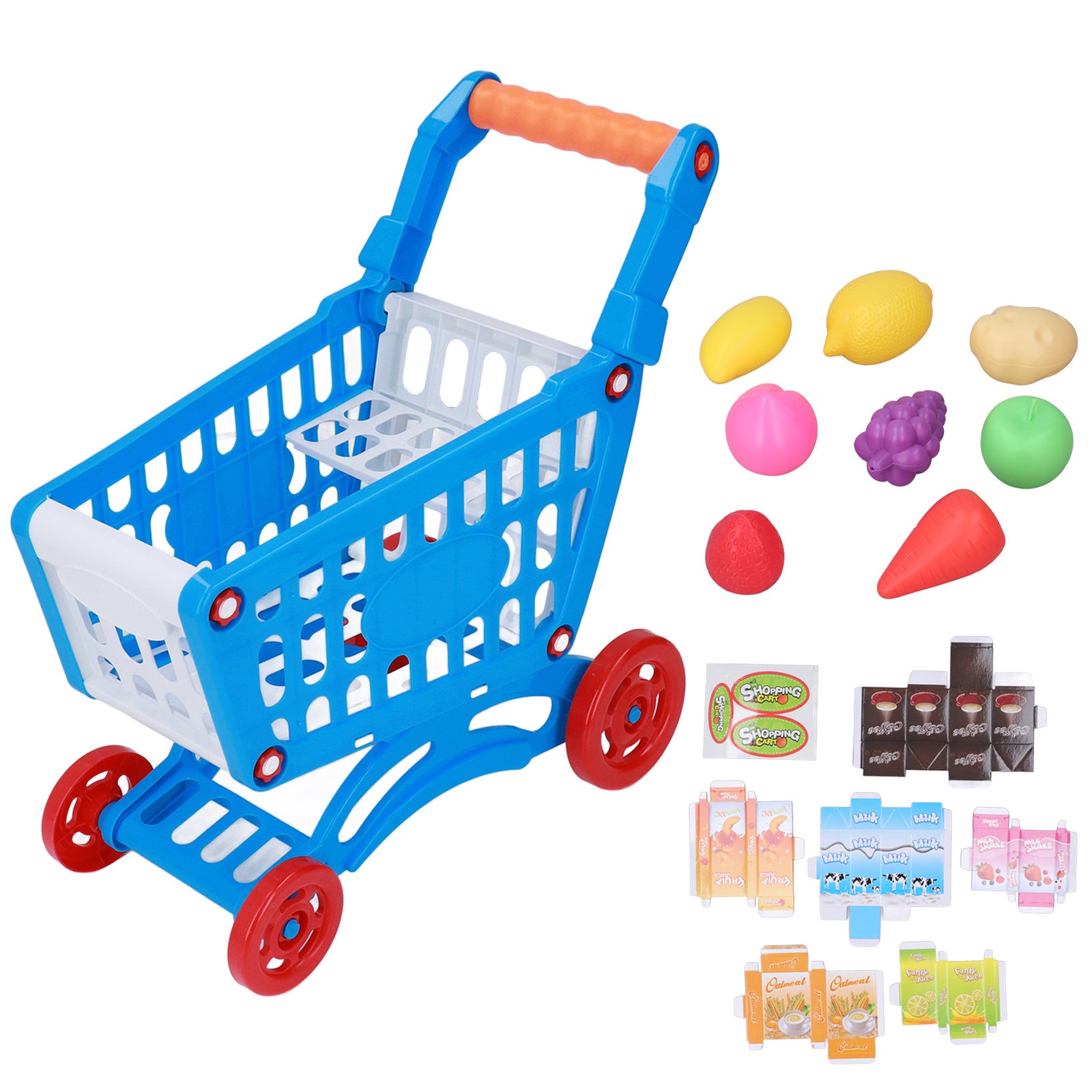 Juego de carrito de compras para niños, carrito de compras educativo para niños, juguetes de comida para el desarrollo del aprendizaje, azul