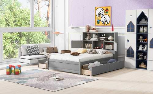 Load image into Gallery viewer, Full Size Platform Bed with Storage Headboard, Charging Station and 4 Drawers, Gray
