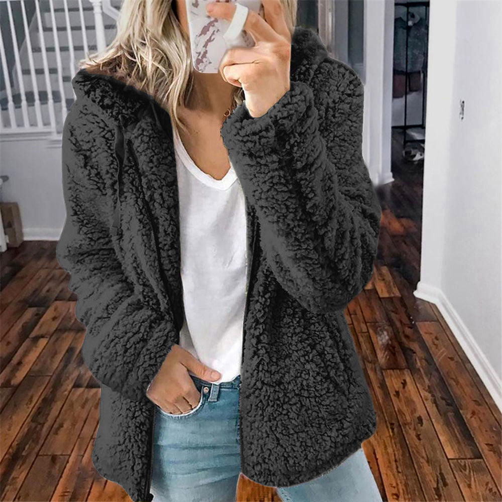 European and American women's hooded woolen autumn and winter top jacket