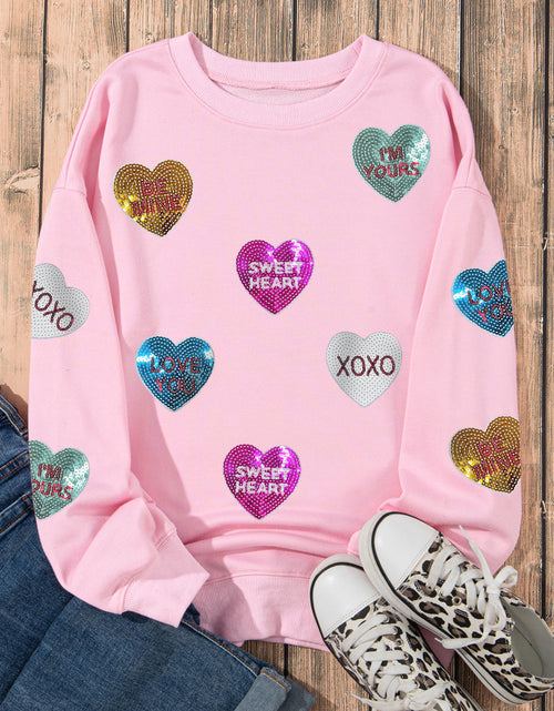 Load image into Gallery viewer, Pink Sequin Romantic Sweet Heart Graphic Valentines Sweatshirt
