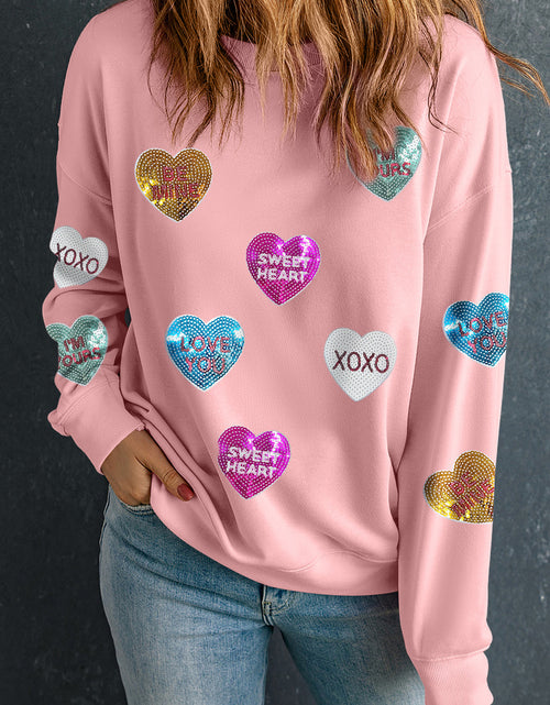 Load image into Gallery viewer, Pink Sequin Romantic Sweet Heart Graphic Valentines Sweatshirt
