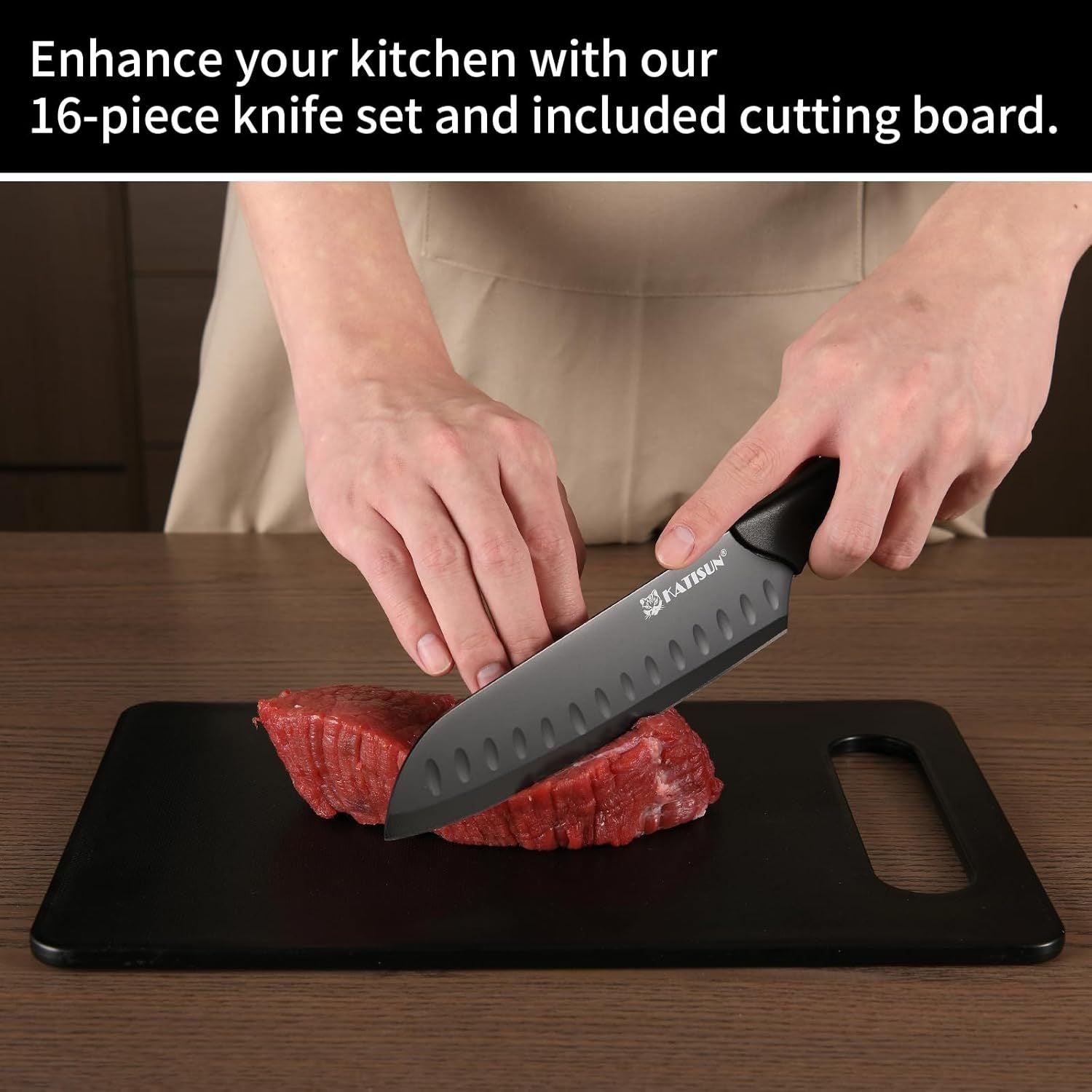 German High Quality Stainless Steel 16 Piece Kitchen Knife Set With Cutting Board Built-in Knife Sharpener Dishwasher Safe 6 Steak Knives Non-slip Handles