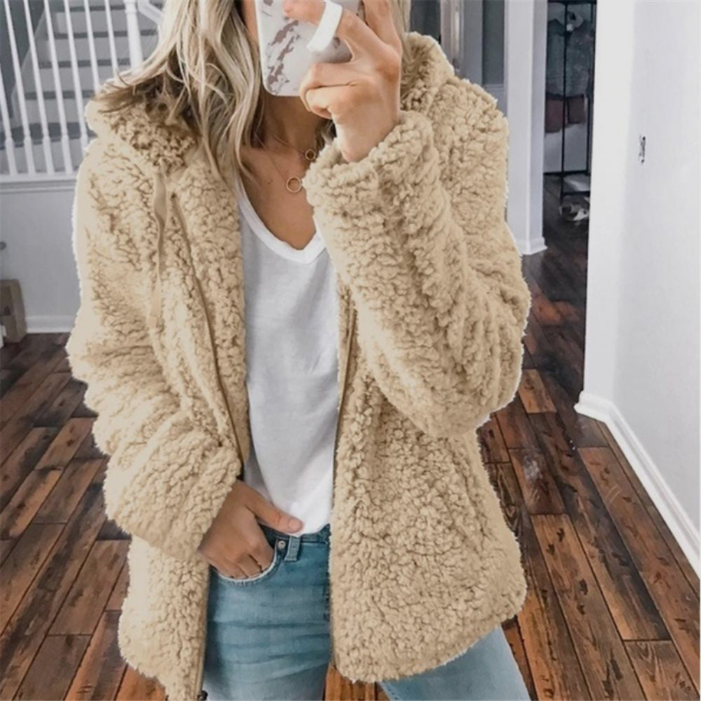 European and American women's hooded woolen autumn and winter top jacket
