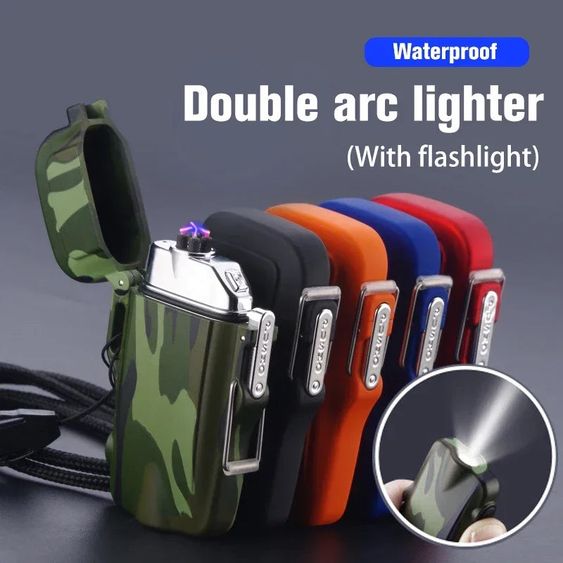 Outdoor Dual Plasma Arc Lighter With Flashlight Waterproof USB Electric Cigarette Lighter Hiking Starter Turbo lighter Men Gifts