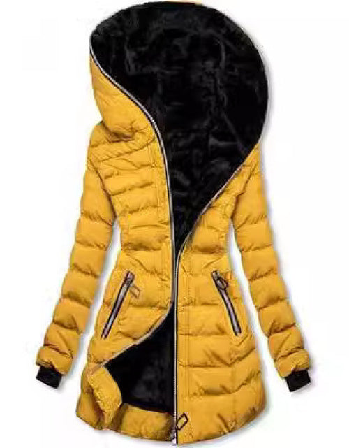 Load image into Gallery viewer, Women&#39;s cotton clothing hooded long sleeved warm and plush cotton clothing winter mid to long zipper jacket
